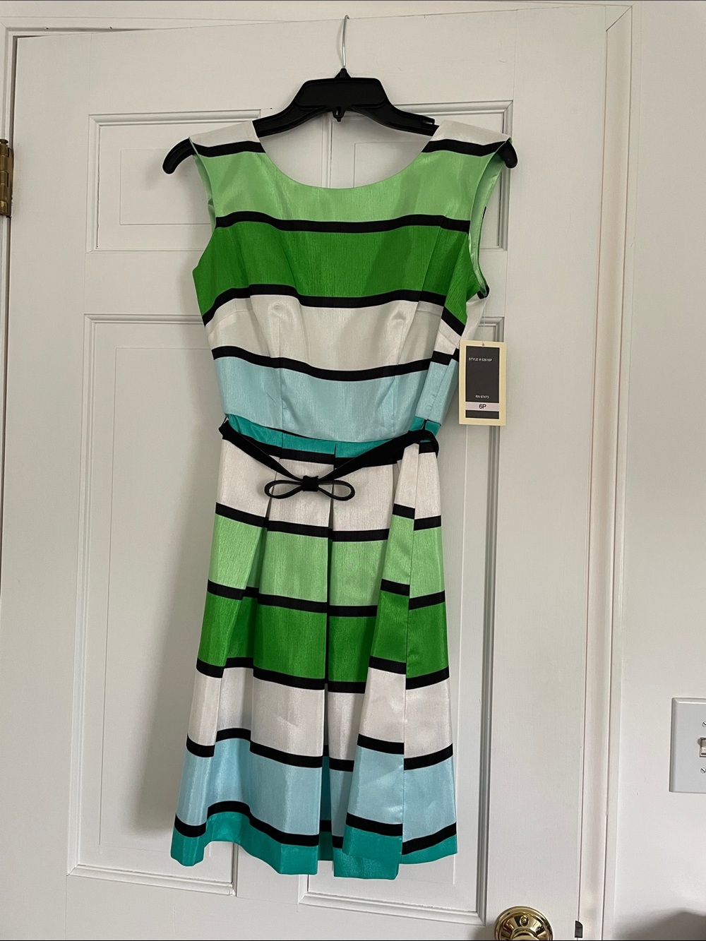 Julian Taylor Classic Striped Fit & Flare Dress in Green, Blue & White